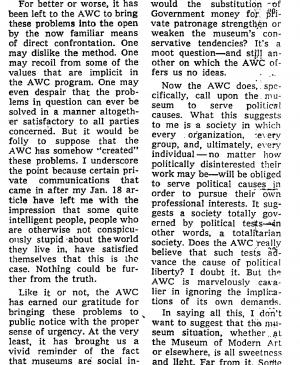Hilton Kramer, "About MOMA, The AWC And Political Causes" [Sobre MOMA, la AWC y causas políticas], <em>The New York Times</em>, 8 de febrero, 1970, p. 107