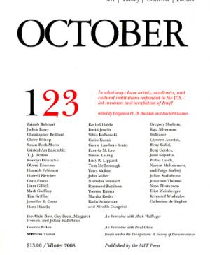  “In what ways have artists, academics, and cultural institutions responded to the U.S. led invasion and occupation of Iraq?” [¿De qué forma han respondido artistas, académicos e instituciones culturales a la invasión y ocupación de Irak por EE. UU?], <em>October</em>, Boston, n.º 123, invierno, 2008 
