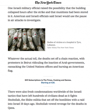 Steven Erlanger and Hassan M. Fattah, “Israel Suspending Lebanon Air Raids After Dozens Die” , <em>The New York Times</em>, New York, July 31, 2006