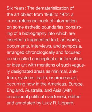 Lucy R. Lippard, <em>Six Years: The dematerialisation of the art object from 1966 to 1972</em> [1973], Berkeley: University of California Press, 1997 