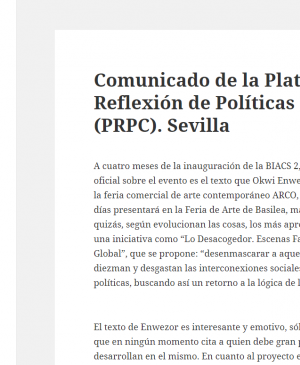 Comunicado de la Plataforma de Reflexión sobre Políticas Culturales (PRPC). Disponible en: contraindicaciones.net, 19 de julio, 2006