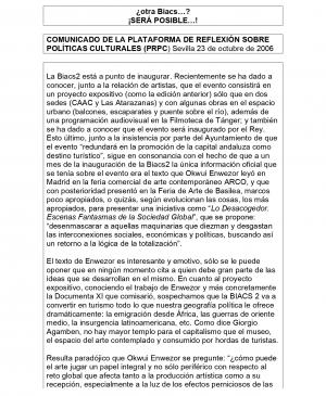 Comunicado de la Plataforma de Reflexión sobre Políticas Culturales, <em>¿otra BIACS…? ¡SERÁ POSIBLE!</em>, Sevilla, 23 de octubre, 2006
