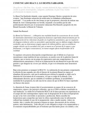 Comunicado de la Plataforma de Reflexión sobre Políticas Culturales, <em>BIACS 2. Lo despilfarrador</em>, Sevilla, enero, 2007