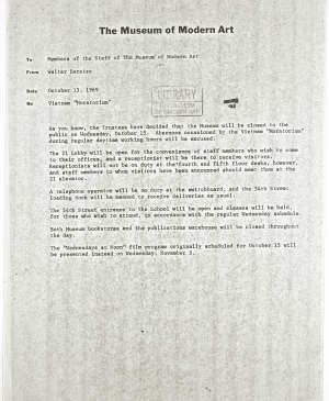 Circular de Art Workers' Coalition, <em>Vietnam “Moratorium”</em> [“Moratoria” por Vietnam], Nueva York, 10 de octubre, 1969