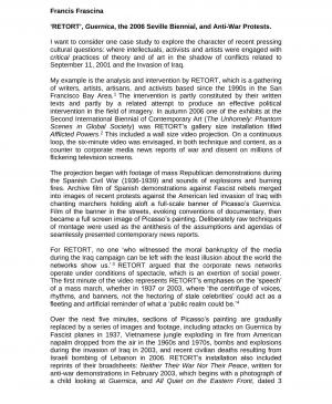 Ensayo de Francis Frascina, <em>Retort, Guernica, the 2006 Seville Biennial, and Anti-War Protests</em> [Retort, Guernica, la Bienal de Sevilla de 2006 y las protestas contra la guerra], julio, 2018