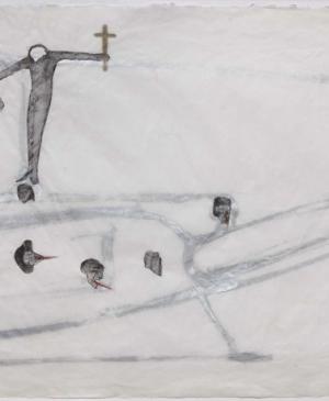 Nancy Spero, "Helicopter, Pilot, Victim, Christ", from <em>The War Series</em> [Helicóptero, piloto, víctima, Cristo de La serie de la guerra, 1968]