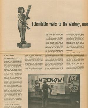 Lucy R. Lippard, "Charitable Visits to the Whitney, MOMA and the Met.", <em>The New York Element</em>, Nueva York, vol. 2, n.º 4, marzo-abril, 1971, p. 10