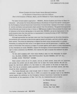 Michele Wallace, <em>Women Students & Artists Protest Venice Biennale Exhibition...</em>, Nueva York: WSABAL, June 24, 1970
