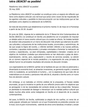Comunicado de la Plataforma de Reflexión sobre Políticas Culturales, <em>¡Otra ¿BIACS? es posible!</em>, Sevilla, 30 de mayo, 2005