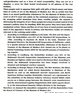 Art Workers' Coalition y GAAG, Llamamiento para la dimisión inmediata de todos los Rockefeller del patronato del Museum of Modern Art, Nueva York, 10 de noviembre, 1967