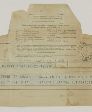 Francisco Sánchez Cantón's telegram to Pablo Picasso