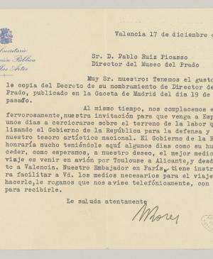 Carta de Antonio Rodríguez Morey, Manuel Azaña y Jesús Hernández Tomás a Pablo Picasso