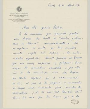 Carta de Juan Larrea a Pablo Picasso del 6 de agosto de 1937