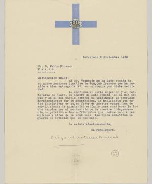 Carta del Comité Nacional de Ayuda a España a Pablo Picasso