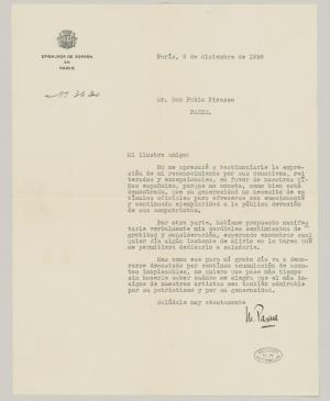 Carta de Marcelino Pascua a Pablo Picasso