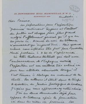 Roland Penrose's letter to Pablo Picasso, dated 30 September 1938