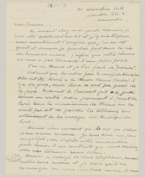 Carta de Roland Penrose a Pablo Picasso del 26 de marzo de 1939