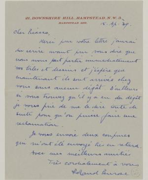 Carta de Roland Penrose a Pablo Picasso del 15 de abril de 1939