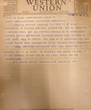 Telegrama de Grace L. McCann Morley a Sidney Janis