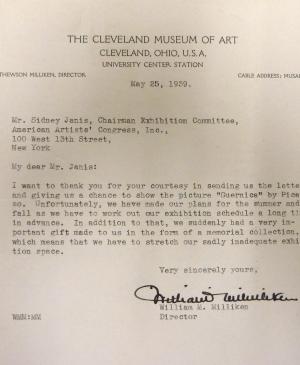 Carta de William Mathewson Milliken a Sidney Janis