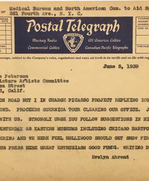 Telegrama de Evelyn Ahrend a Marcelene Peterson del 5 de junio de 1939