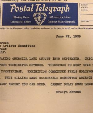 Telegrama de Evelyn Ahrend a Marcelene Peterson del 27 de junio de 1939