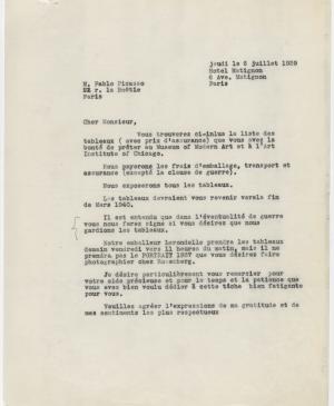 Carta de Alfred H. Barr Jr. a Pablo Picasso del 6 de julio de 1939