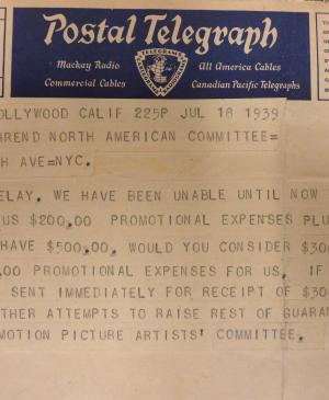Telegrama desde Motion Pictures Artists' Committee a Evelyn Ahrend
