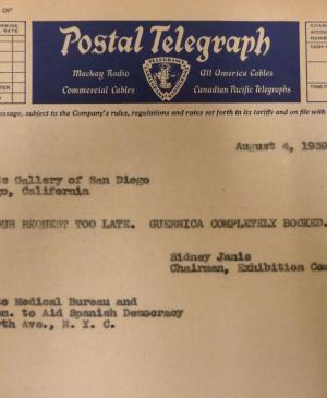 Telegrama de Sidney Janis a la Fine Arts Gallery of San Diego