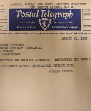 Telegrama de Evelyn Ahrend a Marcelene Peterson del 31 de agosto de 1939