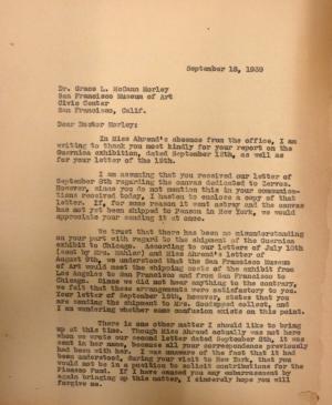Carta de Evelyn Ahrend a Grace L. McCann Morley del 18 de septiembre de 1939