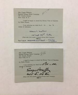 Tarjetas de Alfred H. Barr Jr., Aleksina Matisse, Georgia O'Keefe y Sidney Janis a Caspar Whitney