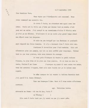 Carta de Christian Zervos a Alfred H. Barr Jr. del 6 de septiembre de 1939