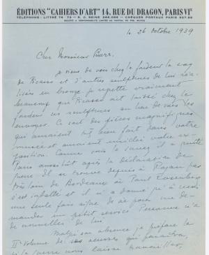 Carta de Christian Zervos a Alfred H. Barr Jr. del 26 de octubre de 1939