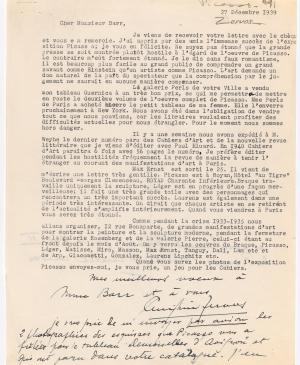 Carta de Christian Zervos a Alfred H. Barr Jr. del 27 de diciembre de 1939