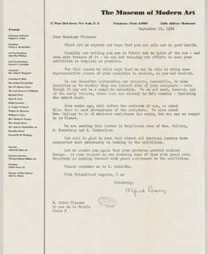 Carta de Alfred H. Barr Jr. a Pablo Picasso del 12 de septiembre de 1939