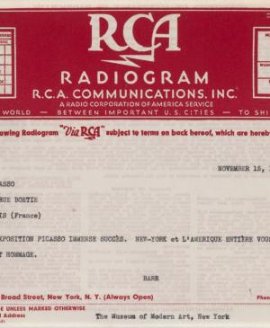 Telegrama de Alfred H. Barr Jr. a Pablo Picasso del 15 de noviembre de 1939