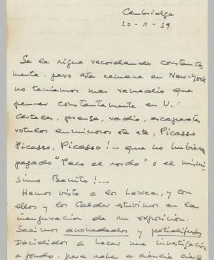 Carta de Josep Lluís Sert a Pablo Picasso del 20 de noviembre de 1939