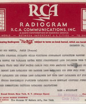 Telegrama de Alfred H. Barr Jr. a Pablo Picasso del 15 de diciembre de 1939