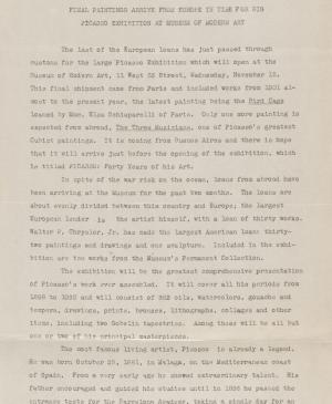 Las últimas obras de Picasso llegan de Europa a tiempo para la gran exposición del Museum of Modern Art