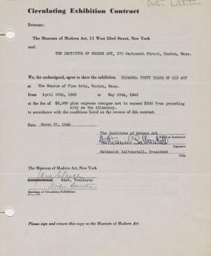 Contrato de la exposición itinerante Picasso: Forty Years of His Art entre el Museum of Modern Art y el Institute of Modern Art de Boston