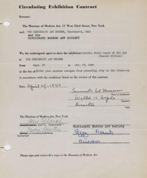 Contrato de la exposición itinerante Picasso: Forty Years of His Art (second edition) entre el Museum of Modern Art y el Cincinnati Art Museum