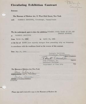 Contrato de la exposición itinerante Picasso: Forty Years of His Art (second edition) entre el Museum of Modern Art y el Carnegie Institute