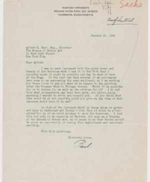 Carta de Paul Sachs a Alfred H. Barr Jr.