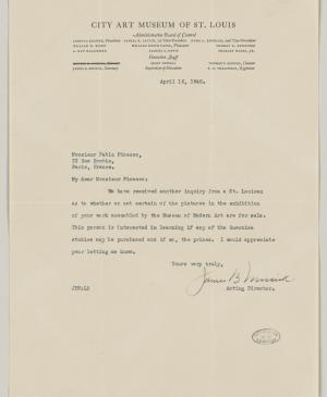 Carta de James B. Musick a Pablo Picasso del 16 de abril de 1940