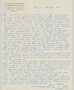 Carta de Juan Larrea a Pablo Picasso del 24 de septiembre de 1944