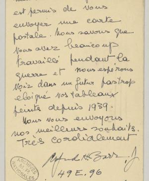 Tarjeta postal de Alfred H. Barr Jr. a Pablo Picasso