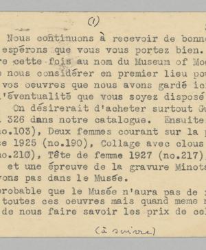 Tarjetas postales de Alfred H. Barr Jr. a Pablo Picasso