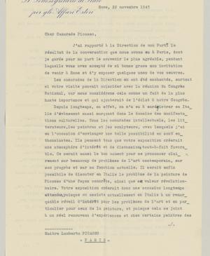Claude Jaeger's letter to Pablo Picasso with an enclosed letter from Celeste Negarville