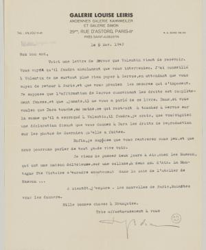 Carta de Daniel-Henry Kahnweiler a Pablo Picasso del 5 de noviembre de 1947